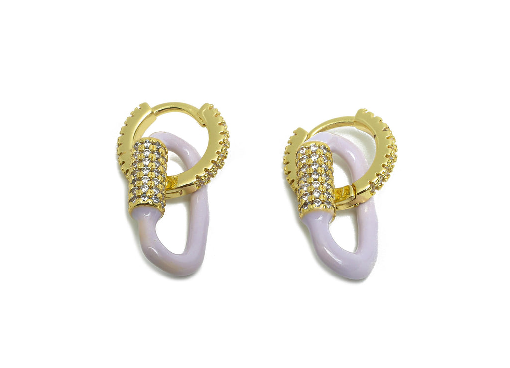 Gold Dangle CZ Hoop Clasp - Purple Enamel Oval Earring - Refined Brass Huggie Hoop Clasp - 18K Real Gold Plated - 24.51x11.7x3.85mm -RGP9785 - DOMEDBAZAAR