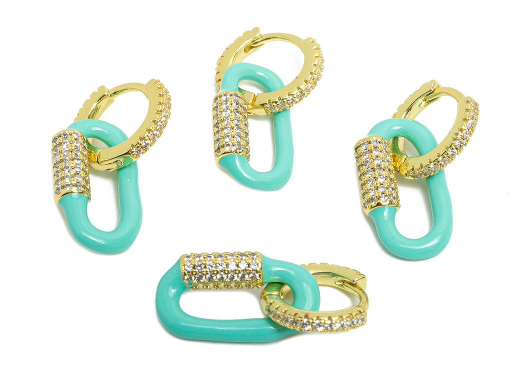Gold Dangle CZ Hoop Clasp - Blue Enamel Oval Earring - Refined Brass Huggie Hoop Clasp - 18K Real Gold Plated - 24.51x11.7x3.85mm - RGP9786 - DOMEDBAZAAR