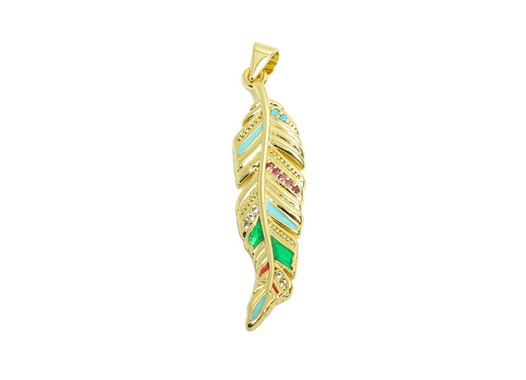 Brass Feather Pendant - Textured CZ Enamel Pendant for Necklace - Refined Gold Jewelry - 18K Real Gold Plated - 40.74x9.56x2.64mm - RGP9732 - DOMEDBAZAAR