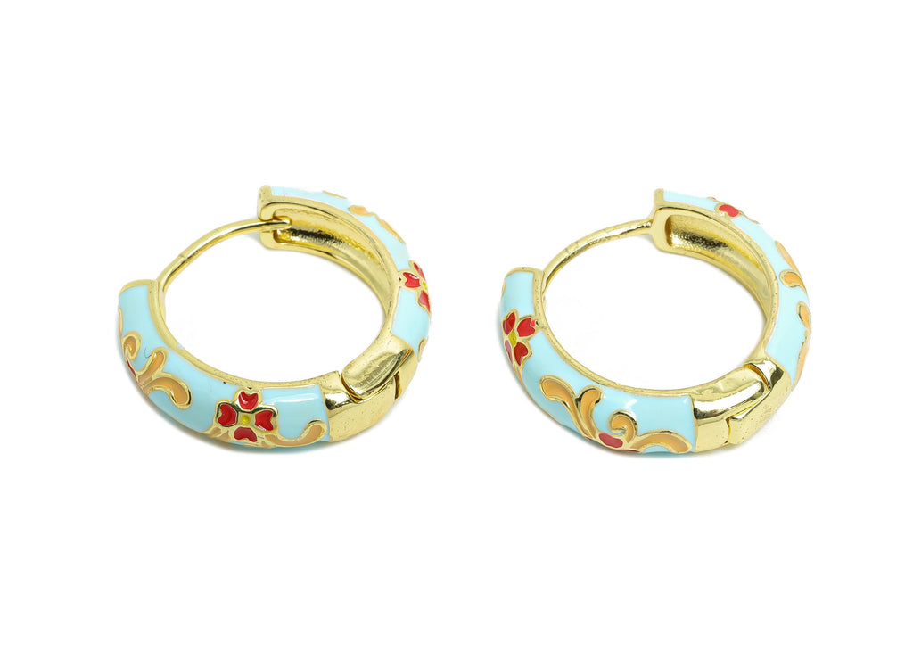 Brass Bohemian Hoop Clasp - Colorful Enamel Hoop Jewelry - Vintage Floral Lightweight Earring Hoop - 18K Real Gold Plated -22x20x5mm-RGP9767 - DOMEDBAZAAR