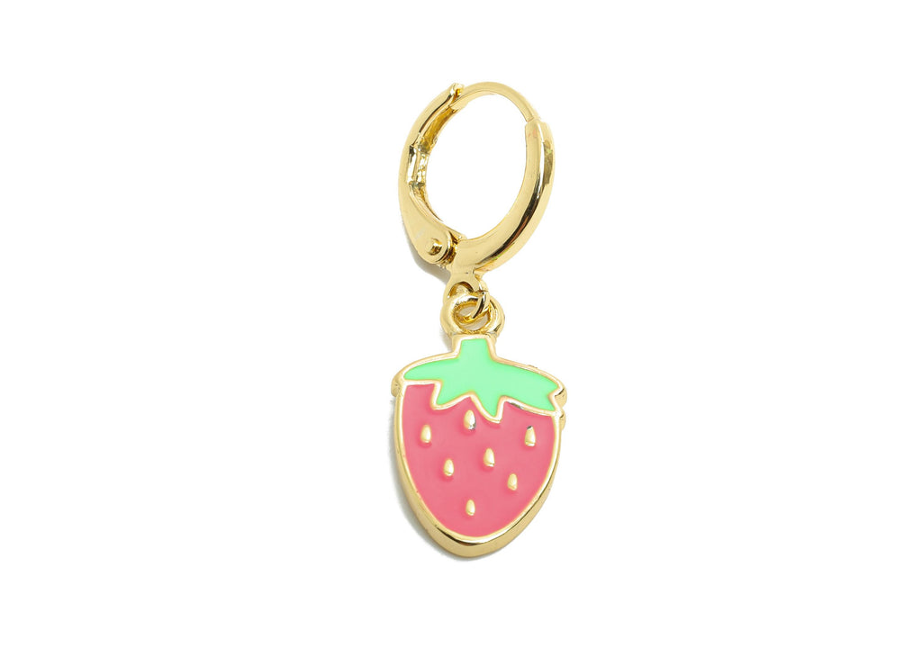 Brass Strawberry Hoop - Colorful Enamel Lever back Hoop - Gold Cute Dangle Earring Hoop - 18K Real Gold Plated - 31x10x1.6mm - RGP9804 - DOMEDBAZAAR