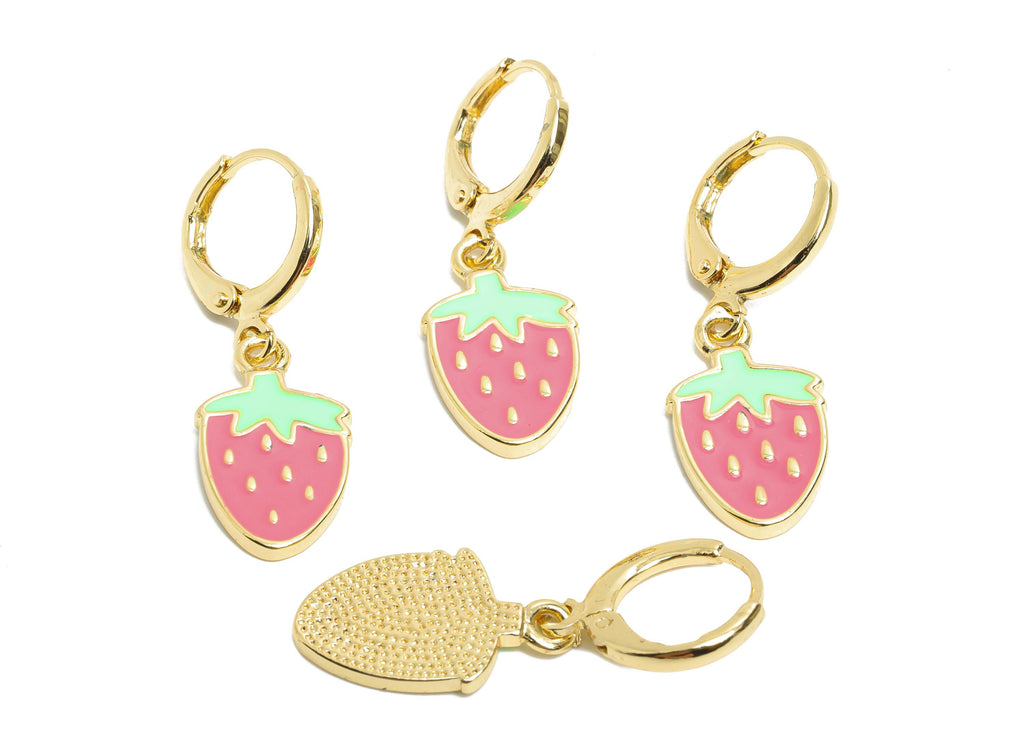 Brass Strawberry Hoop - Colorful Enamel Lever back Hoop - Gold Cute Dangle Earring Hoop - 18K Real Gold Plated - 31x10x1.6mm - RGP9804 - DOMEDBAZAAR