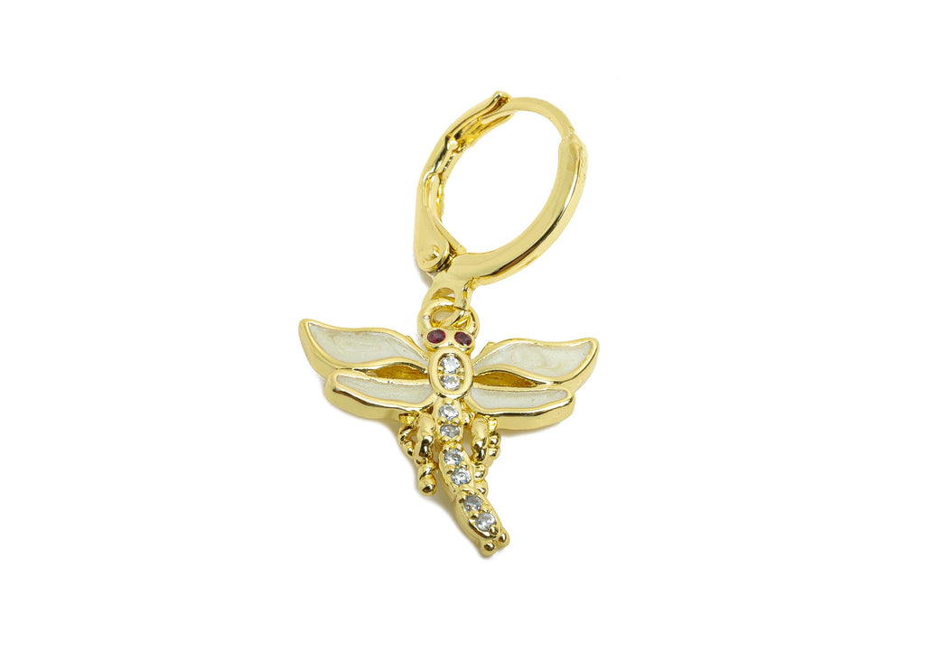 Brass White Dragonfly Hoop - Zircon Enamel Lever back Hoop - Gold Insect Dangle Earring Hoop - 18K Real Gold Plated - 29x16x2.2mm - RGP9787 - DOMEDBAZAAR