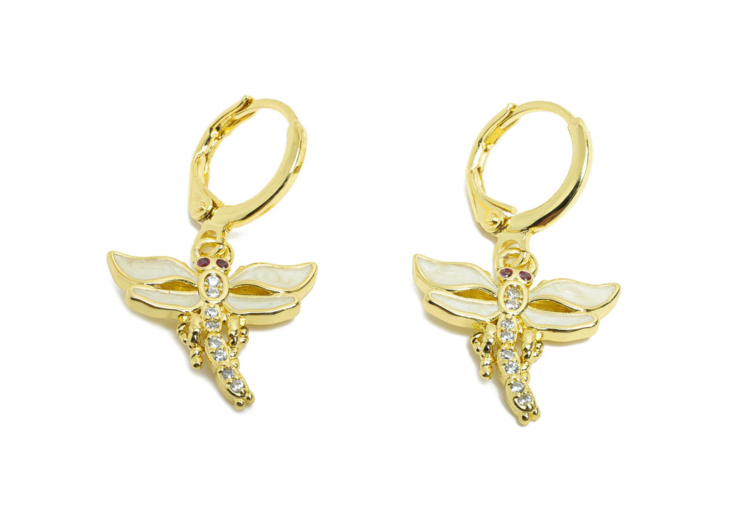 Brass White Dragonfly Hoop - Zircon Enamel Lever back Hoop - Gold Insect Dangle Earring Hoop - 18K Real Gold Plated - 29x16x2.2mm - RGP9787 - DOMEDBAZAAR