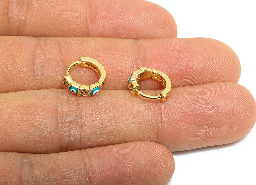 Brass Evil Eye Hoop - Brass Enamel Hoop Huugie - Modern Eye-Catching Protection Bold Jewelry - 18K Real Gold Plated - 11x10x3mm - RGP9756 - DOMEDBAZAAR