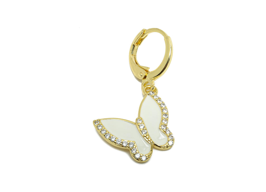 Brass White Butterfly Hoop - Zircon Enamel Lever back Hoop - Gold Insect Dangle Earring Hoop - 18K Real Gold Plated - 31x17x2mm - RGP9789 - DOMEDBAZAAR