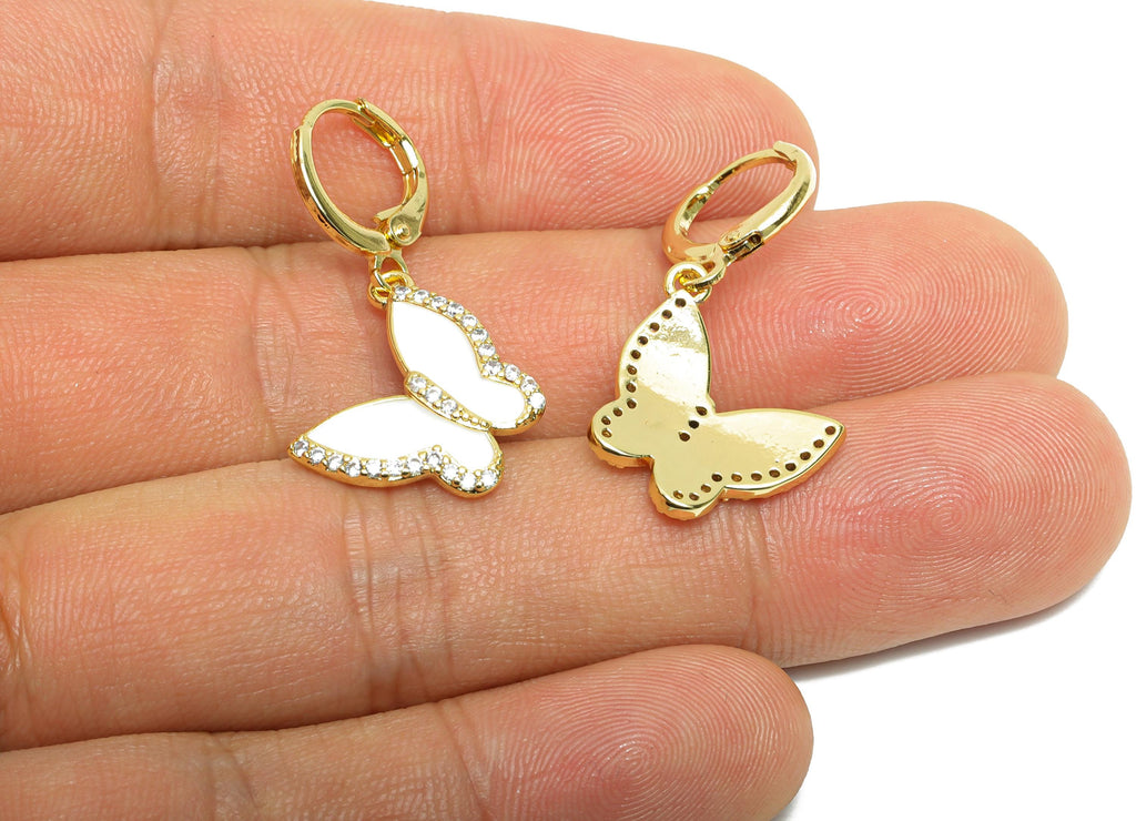 Brass White Butterfly Hoop - Zircon Enamel Lever back Hoop - Gold Insect Dangle Earring Hoop - 18K Real Gold Plated - 31x17x2mm - RGP9789 - DOMEDBAZAAR