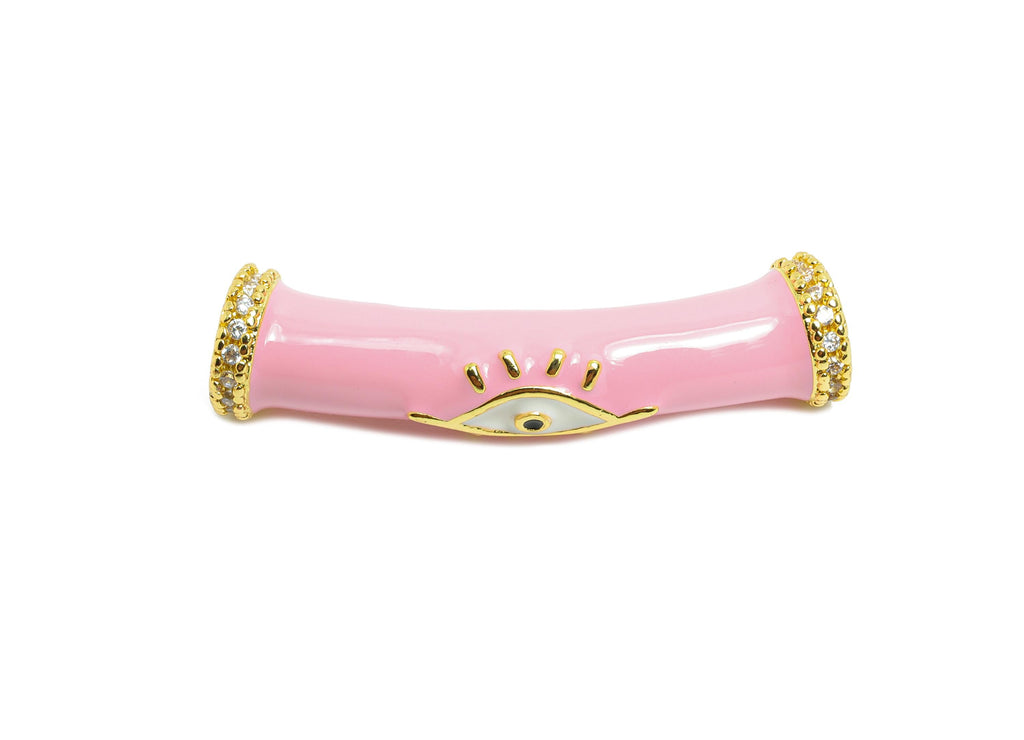 Handmade Bracelet Bead - Gold Enamel Eye CZ Curved Spacer Tube - DIY Jewelry Accessories - 18K Real Gold Plated - 34.01x8.54x6.54mm- RGP9733 - DOMEDBAZAAR