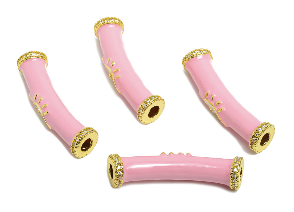 Handmade Bracelet Bead - Gold Enamel Eye CZ Curved Spacer Tube - DIY Jewelry Accessories - 18K Real Gold Plated - 34.01x8.54x6.54mm- RGP9733 - DOMEDBAZAAR