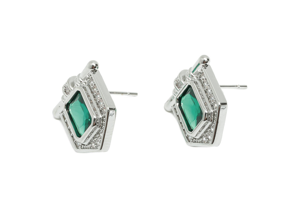 Green Gemstone Stud Earring - Brass Vintage Gemstone Stud - Silver Zircon Earring Post - Dainty Fashion Jewelry Earring  -16x15x3mm-RGP10325 - DOMEDBAZAAR