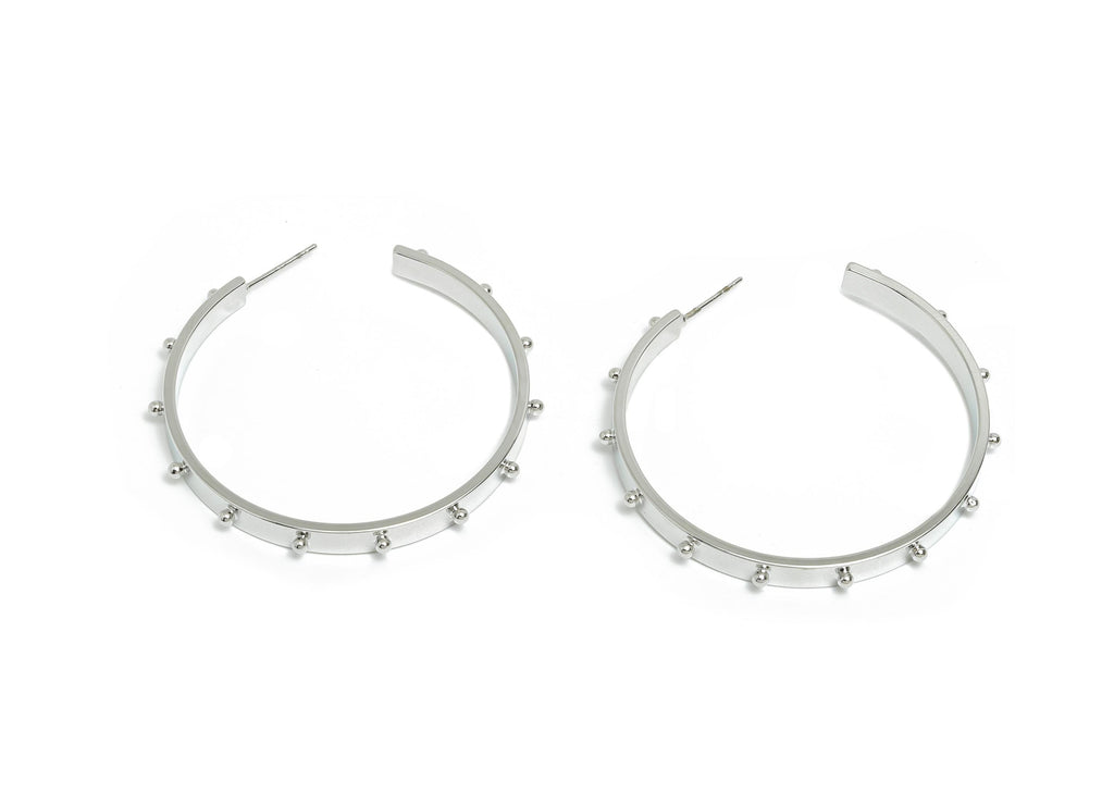 Brass Open C Hoop Earring - Silver Studded Wide Hoop Earring Stud - Brass Sleek Earring Post -18K White Gold Plated -46.8x4.5x7.6mm-RGP9525S - DOMEDBAZAAR