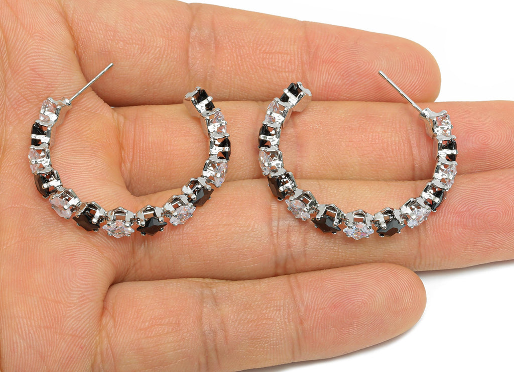 Sparkling C Hoop Post - Inlay Diamond Glass Earring Studs - Luxurious Silver Brass Jewelry - 18K White Gold Plating - 35x30x7mm - RGP9949S - DOMEDBAZAAR