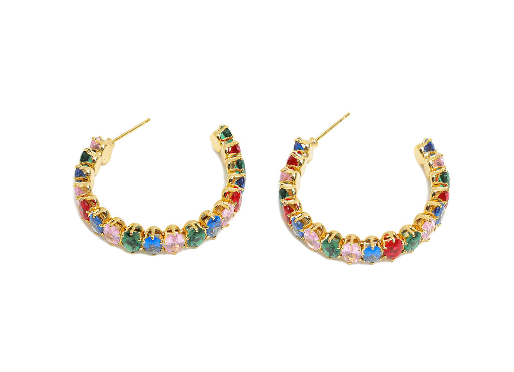 Sparkling C Hoop Post - Inlay Oval Colorful Glass Earring Stud - Luxurious Gold Brass Jewelry - 18K Real Gold Plated - 35.5x30x7mm - RGP9947 - DOMEDBAZAAR