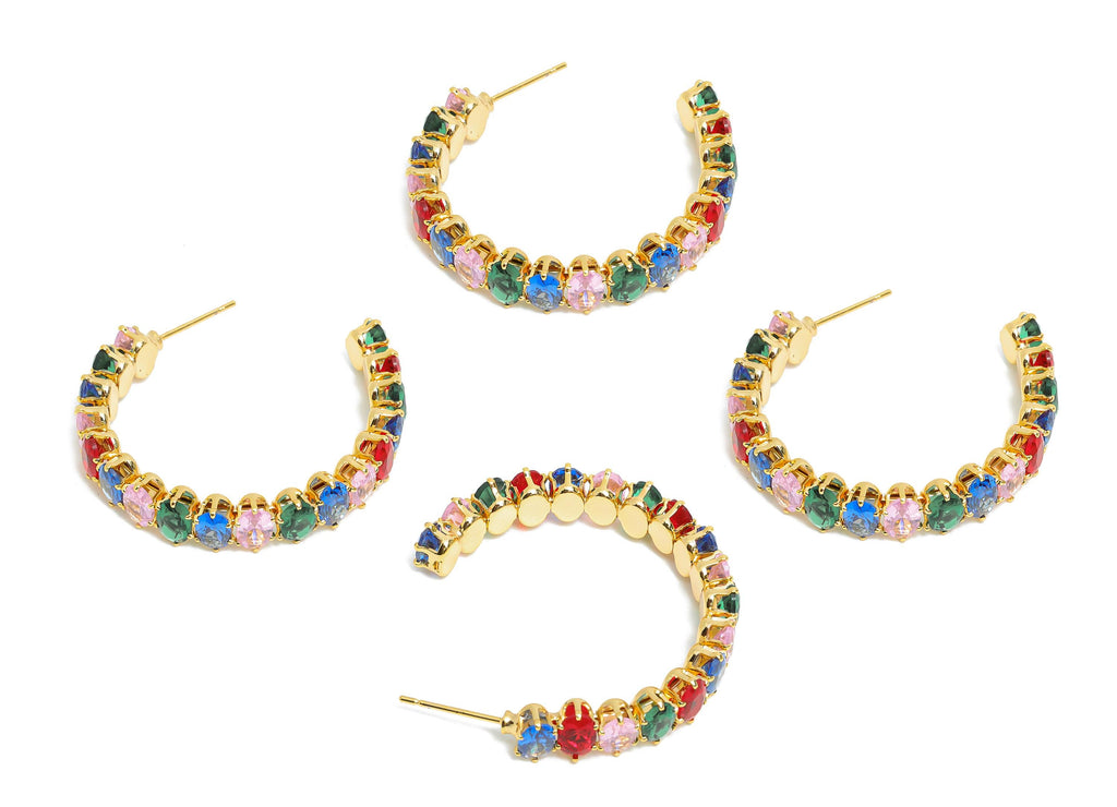 Sparkling C Hoop Post - Inlay Oval Colorful Glass Earring Stud - Luxurious Gold Brass Jewelry - 18K Real Gold Plated - 35.5x30x7mm - RGP9947 - DOMEDBAZAAR