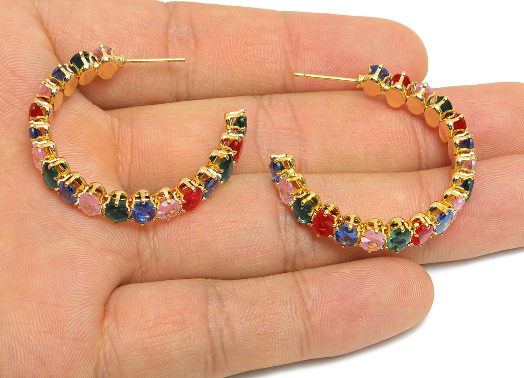 Sparkling C Hoop Post - Inlay Oval Colorful Glass Earring Stud - Luxurious Gold Brass Jewelry - 18K Real Gold Plated - 35.5x30x7mm - RGP9947 - DOMEDBAZAAR