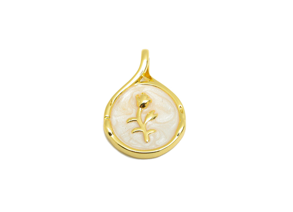 Brass Round Floral Pendant - Luxury Gold Enamel Flower Pendant - Elegant Necklace Jewelry - 18K Real Gold-Plated - 19x12.8x2.75mm - RGP10669 - DOMEDBAZAAR