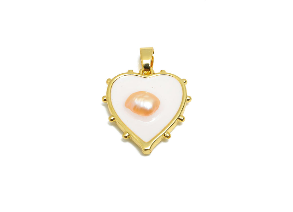 Pearl Heart Pendant - Brass Enamel Dainty with Pearl Charm - Classic Pearl Heart Charm - 18K Real Gold Plated - 18x16x4.72mm - RGP10677 - DOMEDBAZAAR