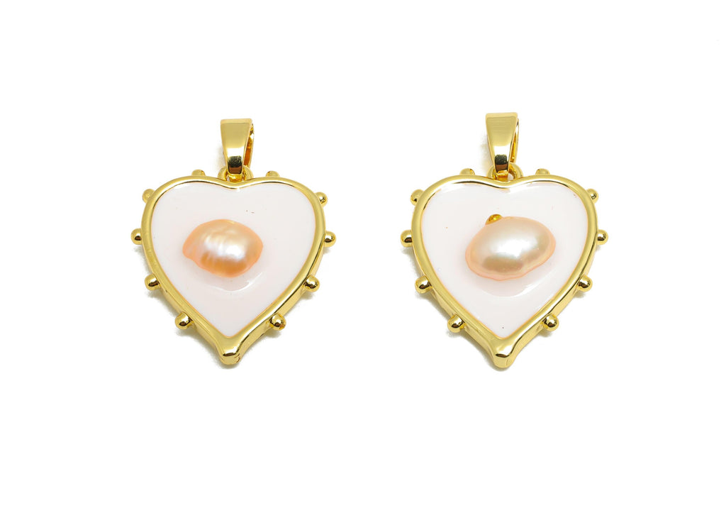 Pearl Heart Pendant - Brass Enamel Dainty with Pearl Charm - Classic Pearl Heart Charm - 18K Real Gold Plated - 18x16x4.72mm - RGP10677 - DOMEDBAZAAR