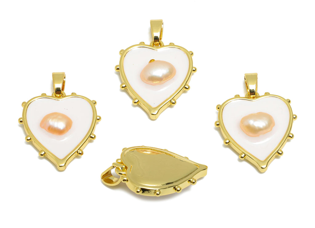 Pearl Heart Pendant - Brass Enamel Dainty with Pearl Charm - Classic Pearl Heart Charm - 18K Real Gold Plated - 18x16x4.72mm - RGP10677 - DOMEDBAZAAR