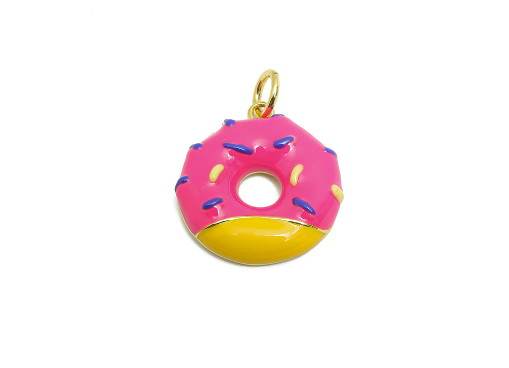 Brass Pink Donut Bracelet Charm - Colorful Enamel Dessert Pendant - Fun Jewelry Accessories - 18K Real Gold-Plated - 18x16x3.3mm - RGP10569A - DOMEDBAZAAR