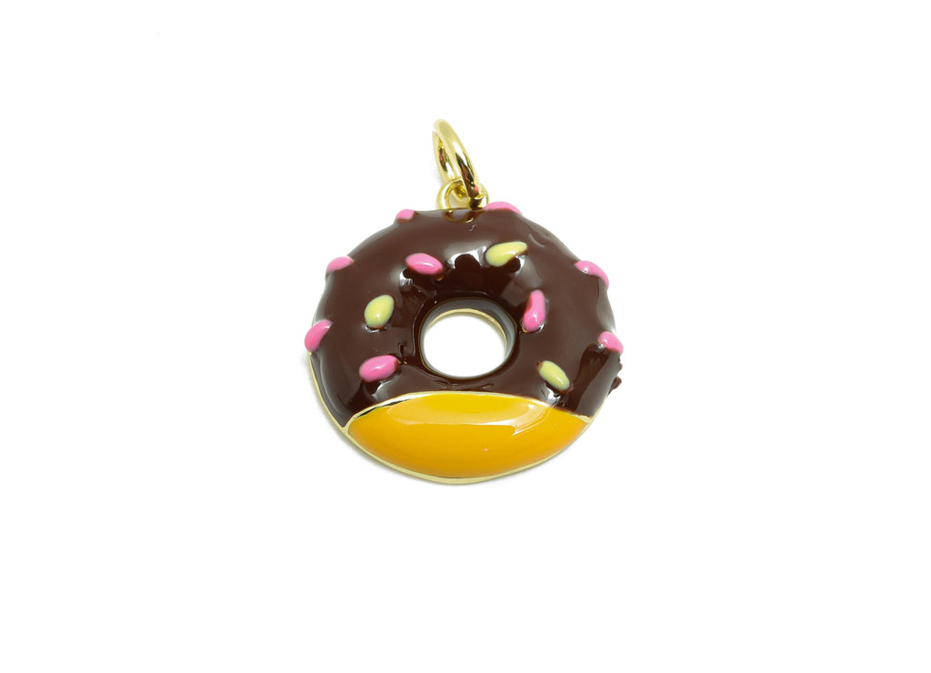 Chocolate Donut Bracelet Charm- Colorful Enamel Dessert Pendant - Brass Jewelry Accessories - 18K Gold-Plated - 17.97x16.15x3.3mm -RGP10569B - DOMEDBAZAAR