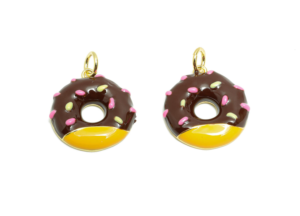 Chocolate Donut Bracelet Charm- Colorful Enamel Dessert Pendant - Brass Jewelry Accessories - 18K Gold-Plated - 17.97x16.15x3.3mm -RGP10569B - DOMEDBAZAAR