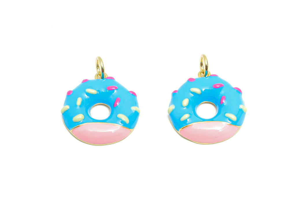 Brass Blue Donut Bracelet Charm - Colorful Enamel Dessert Pendant - Fun Jewelry Accessories - 18K Real Gold-Plated - 18x16.15x3mm -RGP10569C - DOMEDBAZAAR