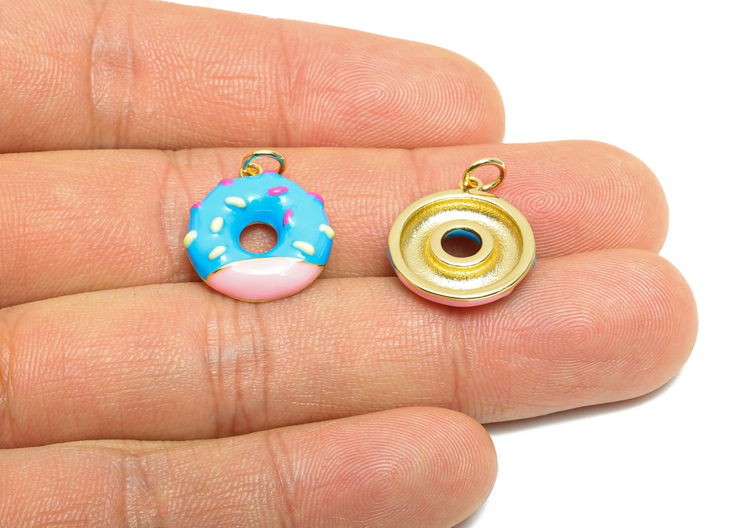 Brass Blue Donut Bracelet Charm - Colorful Enamel Dessert Pendant - Fun Jewelry Accessories - 18K Real Gold-Plated - 18x16.15x3mm -RGP10569C - DOMEDBAZAAR