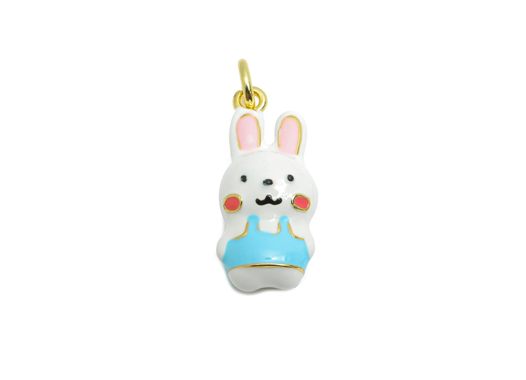 Brass Bunny Bracelet Charm - Fun Cartoon Enamel Bunny Charm - Animal Jewelry Accessories - 18K Real Gold-Plated - 18.6x8.11x6.7mm -RGP10592 - DOMEDBAZAAR