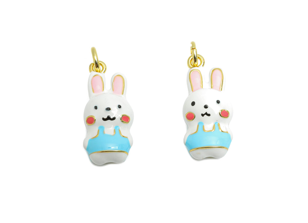 Brass Bunny Bracelet Charm - Fun Cartoon Enamel Bunny Charm - Animal Jewelry Accessories - 18K Real Gold-Plated - 18.6x8.11x6.7mm -RGP10592 - DOMEDBAZAAR