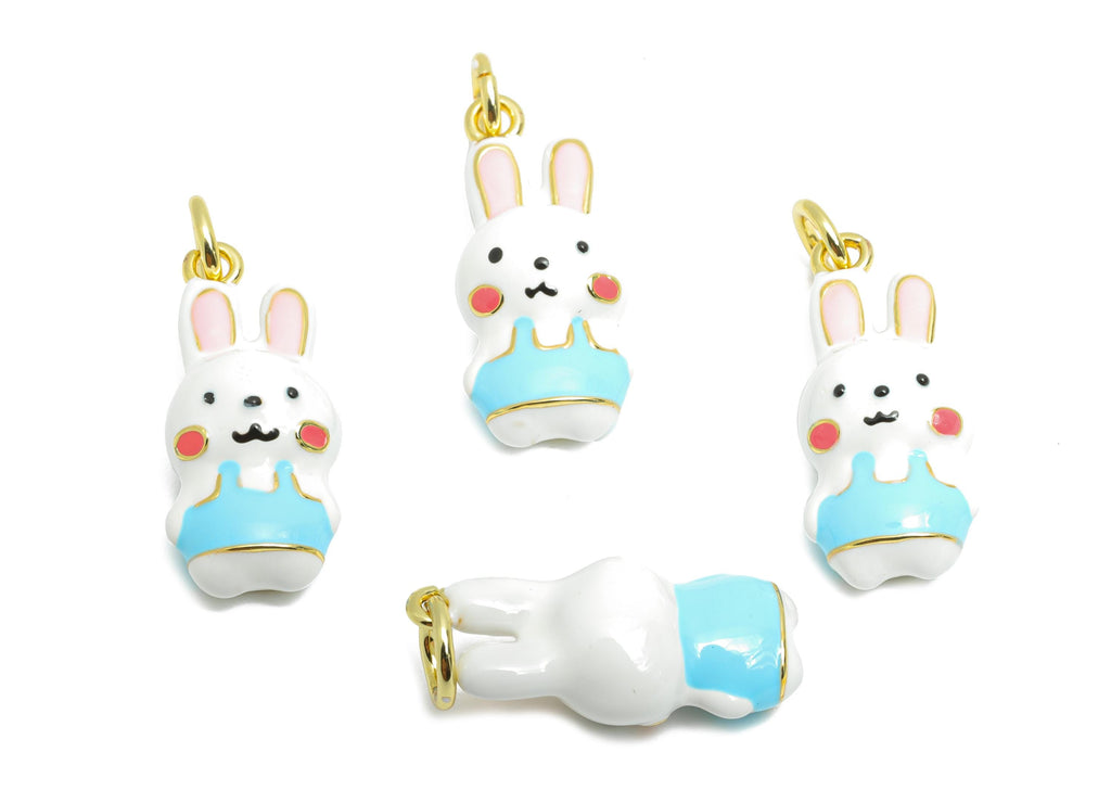 Brass Bunny Bracelet Charm - Fun Cartoon Enamel Bunny Charm - Animal Jewelry Accessories - 18K Real Gold-Plated - 18.6x8.11x6.7mm -RGP10592 - DOMEDBAZAAR