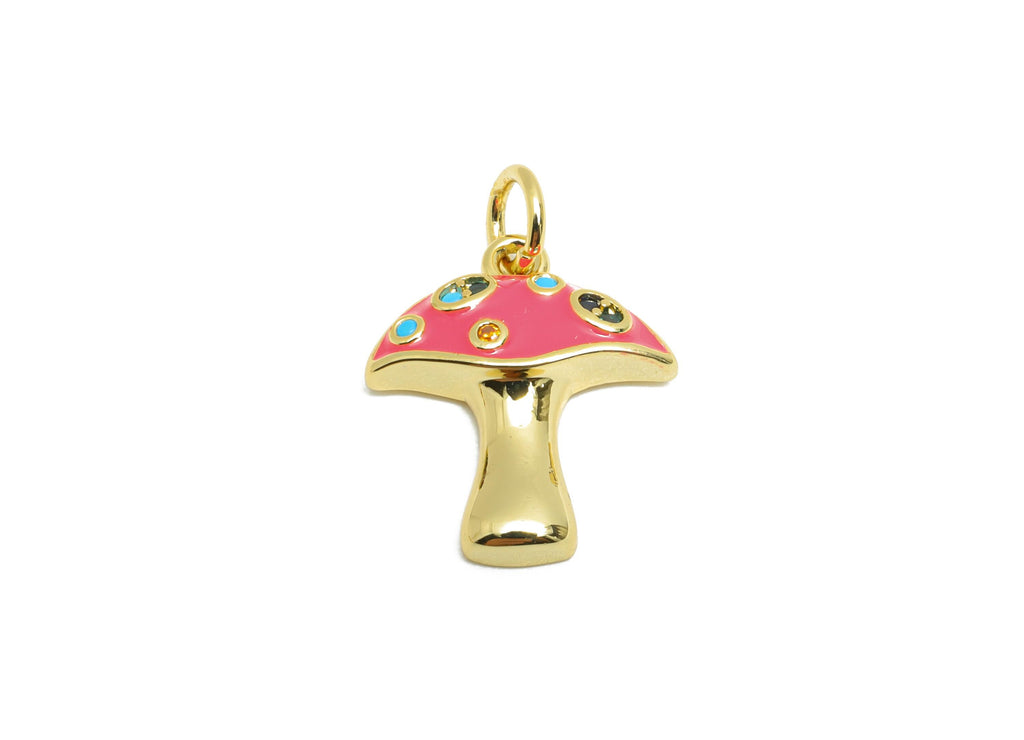 Brass Mushroom Pendant - Quirky Enamel CZ Nature Pendant - Statement Necklace Jewelry - 18K Real Gold-Plated - 16.25x13.7x3.63mm - RGP10561 - DOMEDBAZAAR