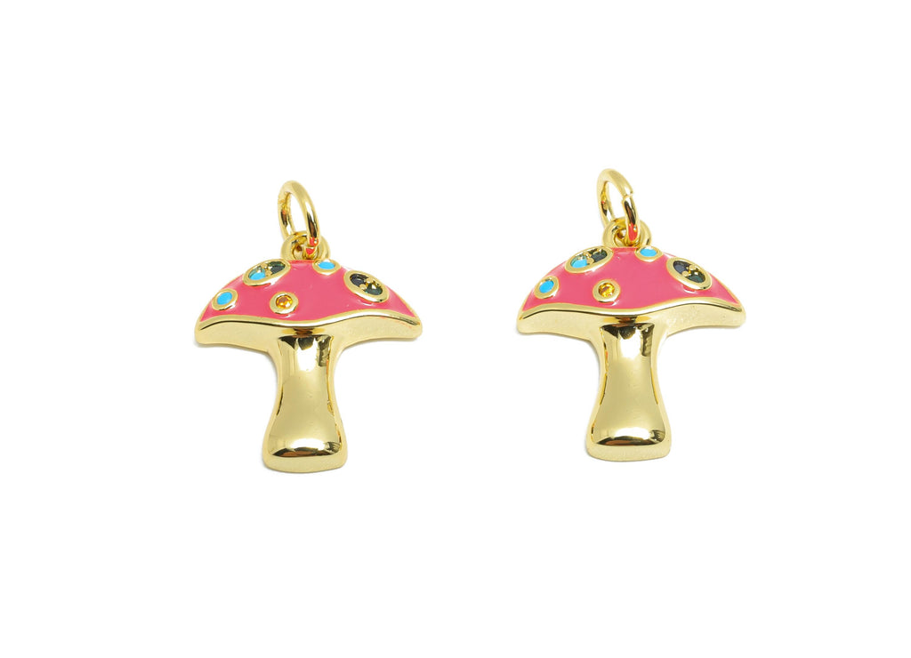 Brass Mushroom Pendant - Quirky Enamel CZ Nature Pendant - Statement Necklace Jewelry - 18K Real Gold-Plated - 16.25x13.7x3.63mm - RGP10561 - DOMEDBAZAAR
