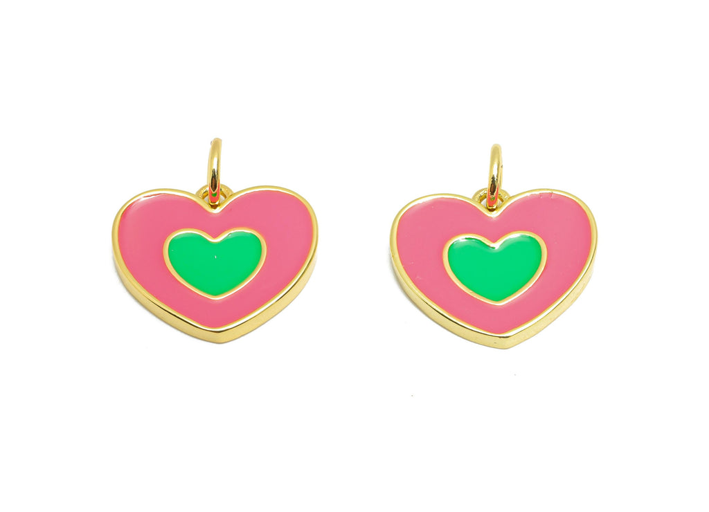 Modern Heart Earring Charm - Brass Colorful Enamel Heart Charm - Gold Framed Heart Pendant - 18K Real Gold Plated - 13x14x1.82mm - RGP10557 - DOMEDBAZAAR