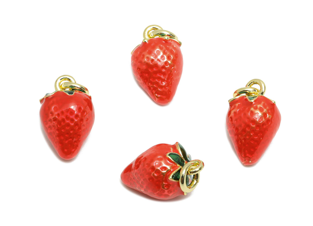 Brass Strawberry Bracelet Charms - Mini Enamel Fruit Charms - Jewelry Accessories DIY - 18K Real Gold-Plated - 11.48x7.03x7.03mm - RGP10594 - DOMEDBAZAAR