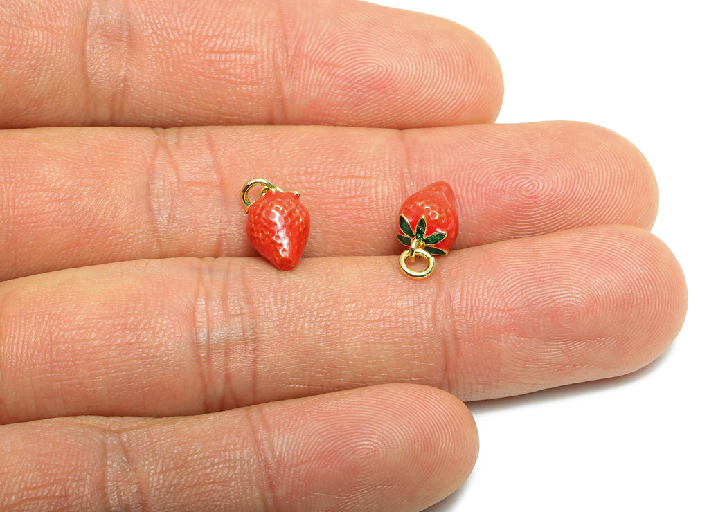Brass Strawberry Bracelet Charms - Mini Enamel Fruit Charms - Jewelry Accessories DIY - 18K Real Gold-Plated - 11.48x7.03x7.03mm - RGP10594 - DOMEDBAZAAR