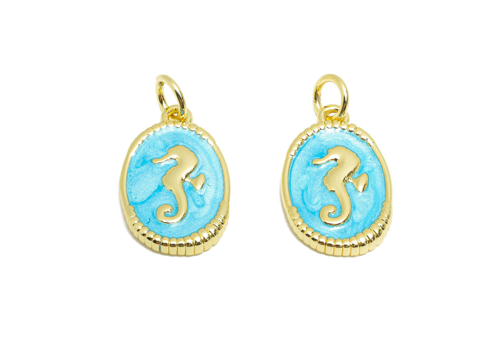Brass Seahorse Charm - Marine Vintage Enamel Charm for Bracelet - Ocean DIY Crafting Jewelry - 18K Real Gold Plating - 17x10x2mm - RGP10559 - DOMEDBAZAAR