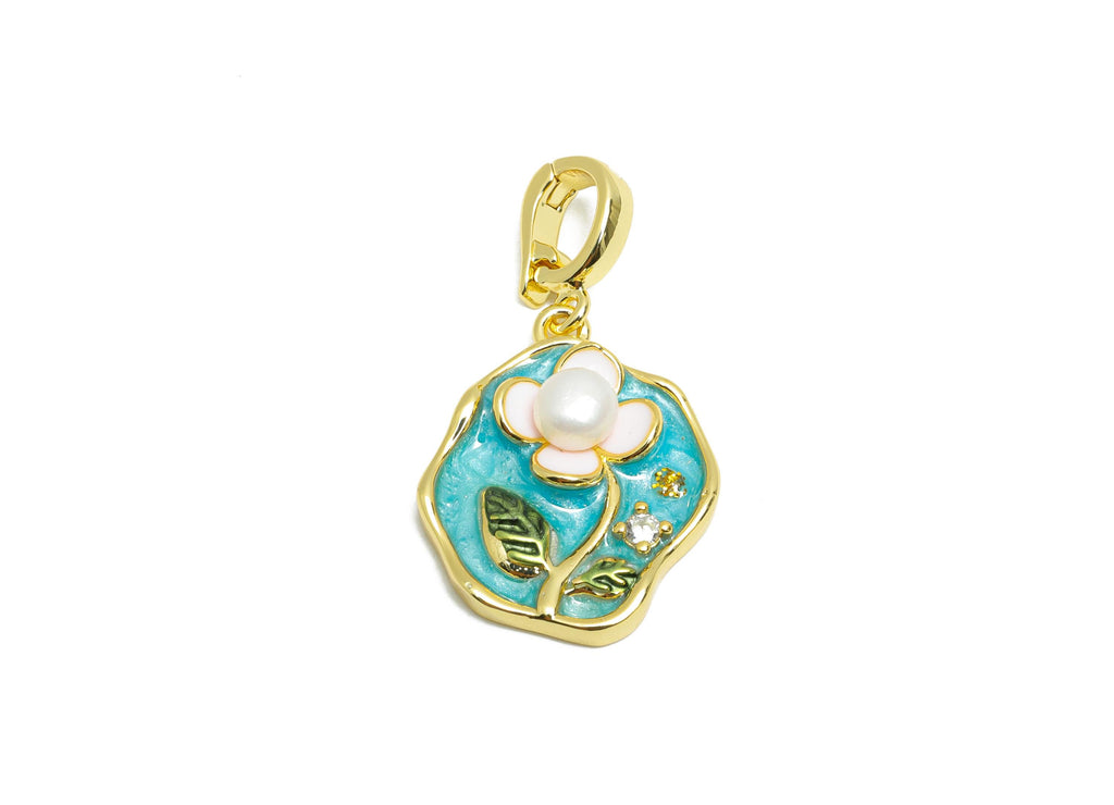 Enamel Pearl Floral Pendant - Chic Brass Zircon Pendant - Openable Necklace Pendant - Dainty Jewelry - 18K Gold Plated - 21x17x5mm -RGP10654 - DOMEDBAZAAR
