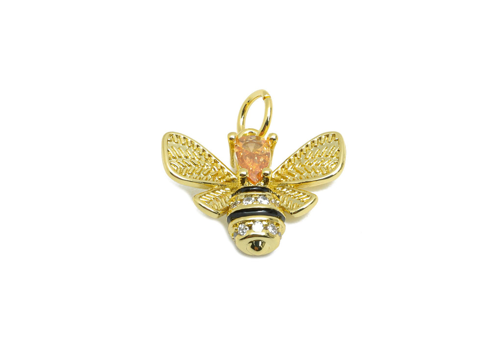 Brass Bee CZ Pendant - Brass Dainty Enamel Cubic Zircon - CZ Teardrop Bee Earring Pendant - 18K Real Gold Plated - 11x15.63x4mm - RGP10591 - DOMEDBAZAAR