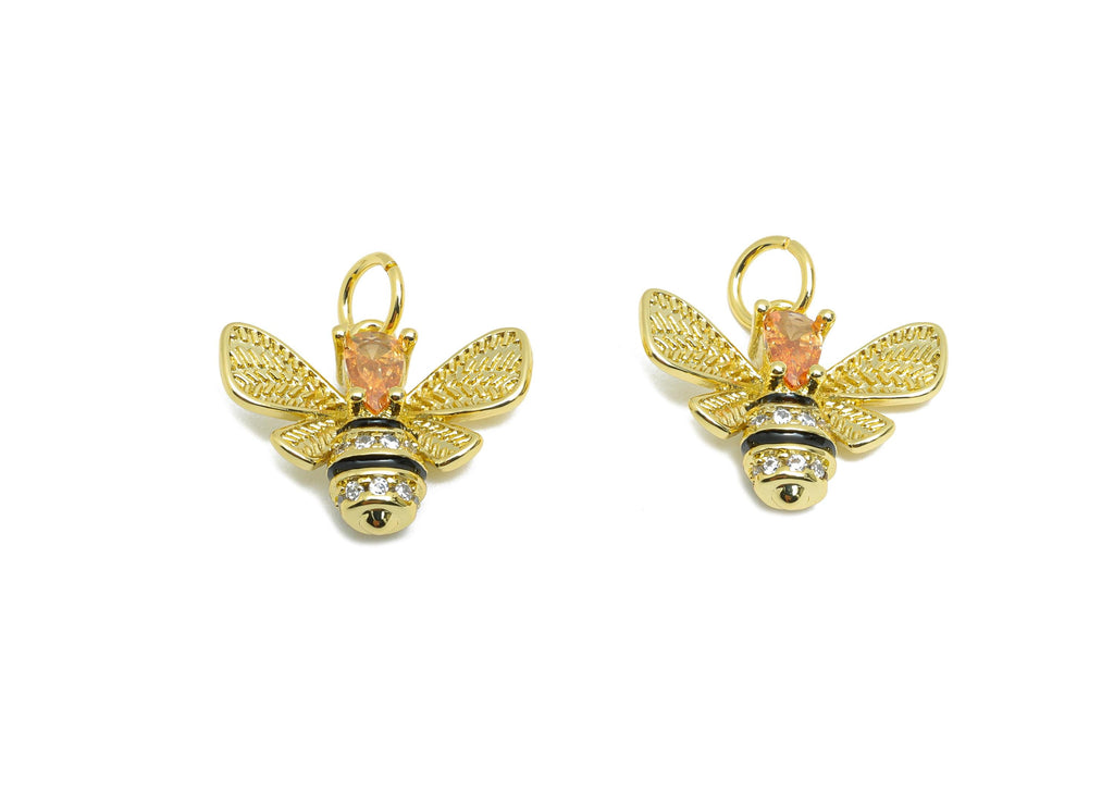 Brass Bee CZ Pendant - Brass Dainty Enamel Cubic Zircon - CZ Teardrop Bee Earring Pendant - 18K Real Gold Plated - 11x15.63x4mm - RGP10591 - DOMEDBAZAAR