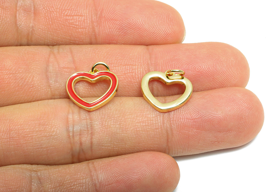 Modern Heart Ring Charm - Brass Enamel Heart Bracelet Charm - Gold Framed Heart Pendant - 18K Real Gold Plated - 13.73x14.15x4.62mm-RGP10589 - DOMEDBAZAAR