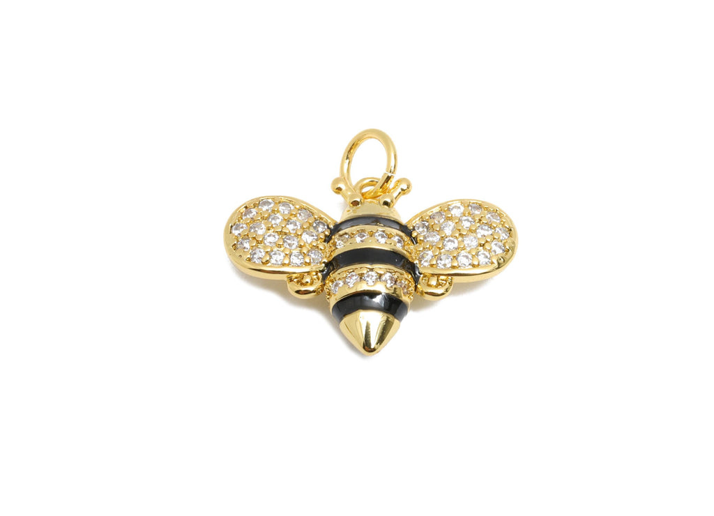 Brass Bee CZ Pendant - Brass Dainty Enamel Cubic Zircon - CZ Teardrop Bee Earring Pendant - 18K Real Gold Plated - 14x19x5.4mm - RGP10582 - DOMEDBAZAAR