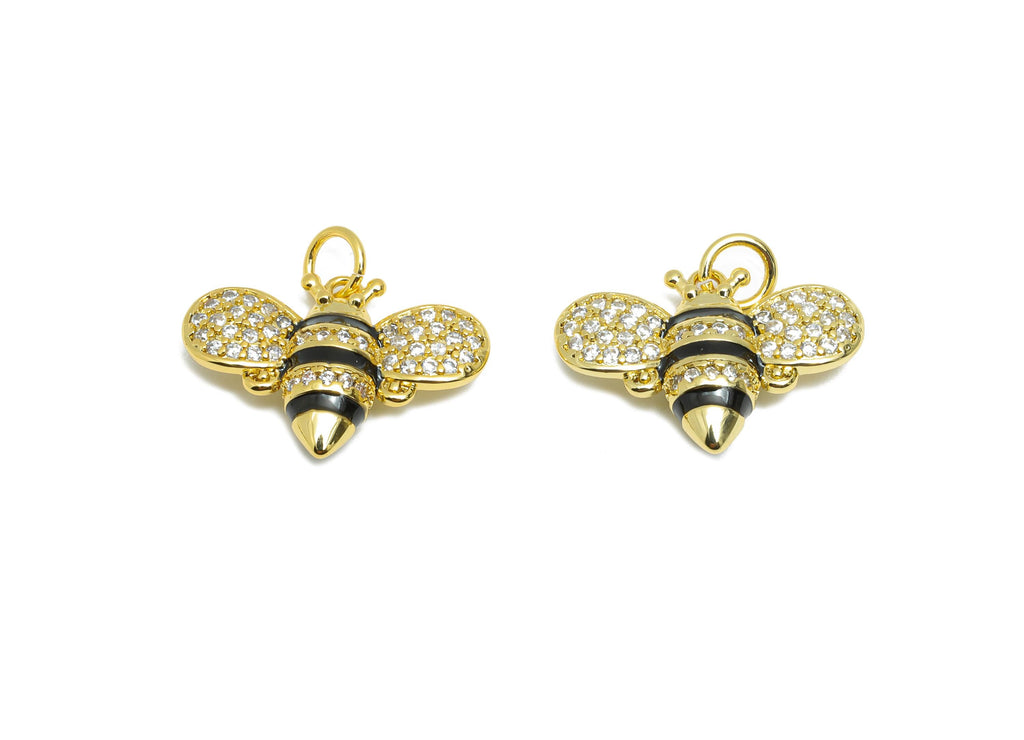 Brass Bee CZ Pendant - Brass Dainty Enamel Cubic Zircon - CZ Teardrop Bee Earring Pendant - 18K Real Gold Plated - 14x19x5.4mm - RGP10582 - DOMEDBAZAAR