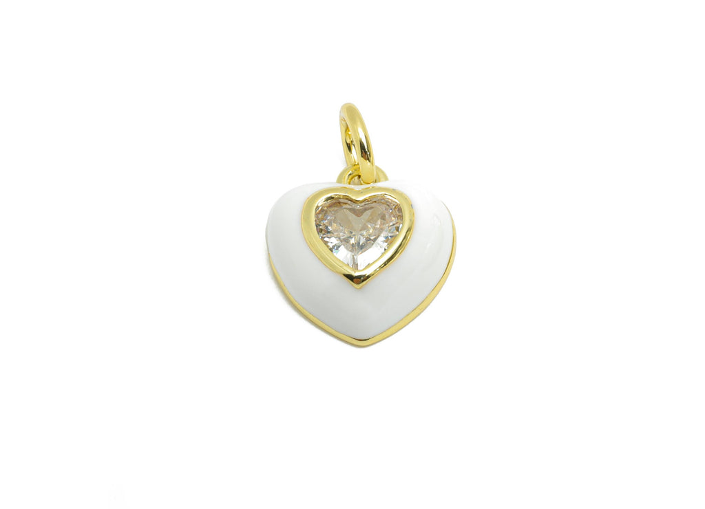 Brass Heart CZ Charm - Brass Dainty Enamel Cubic Zircon Charm - Mini Heart Earring Charm - 18K Real Gold Plated - 11x10x4.15mm - RGP10549 - DOMEDBAZAAR