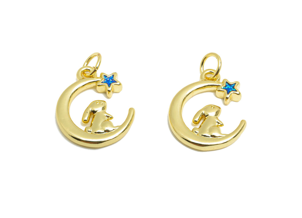 Brass Crescent Charm - Brass Rabbit Enamel Charm - Gold Moon Fairy Tale World Earring Charm - 18K Real Gold Plated - 16x13x2mm - RGP10593 - DOMEDBAZAAR