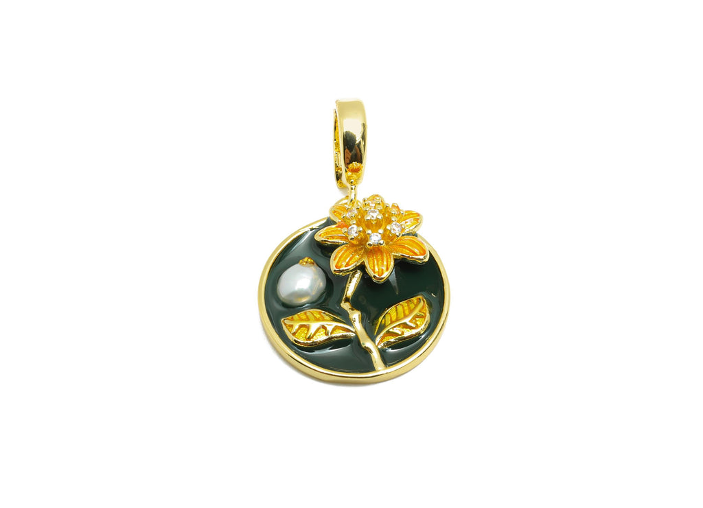 Enamel Pearl Floral Pendant - Chic Round Brass CZ Pendant - Openable Necklace Pendant - Dainty Jewelry -18K Gold Plated -19x17x6mm -RGP10665 - DOMEDBAZAAR