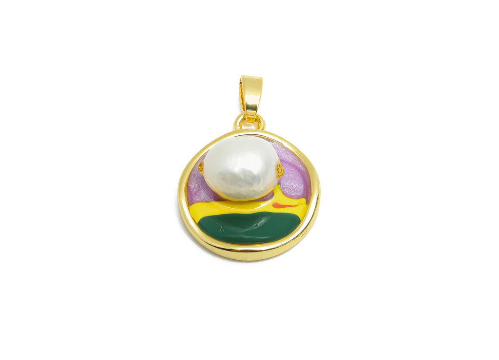 Pearl Round Pendant - Brass Enamel Dainty with Pearl Pendant - Chic Necklace Pendant - 18K Real Gold Plated - 19.2x16.5x7.57mm - RGP10644 - DOMEDBAZAAR