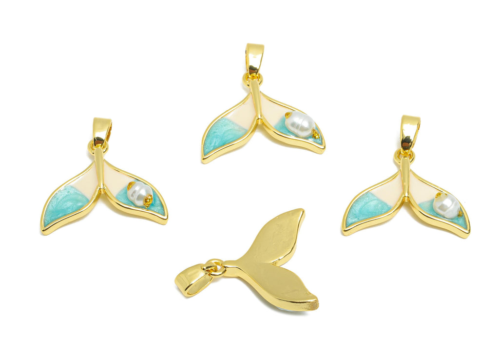 Brass Whale Tail Pendant - Brass Enamel Colorful Pendant - Gold Ocean Theme With Pearl - 18K Real Gold Plated - 16x13x2mm - RGP10650 - DOMEDBAZAAR