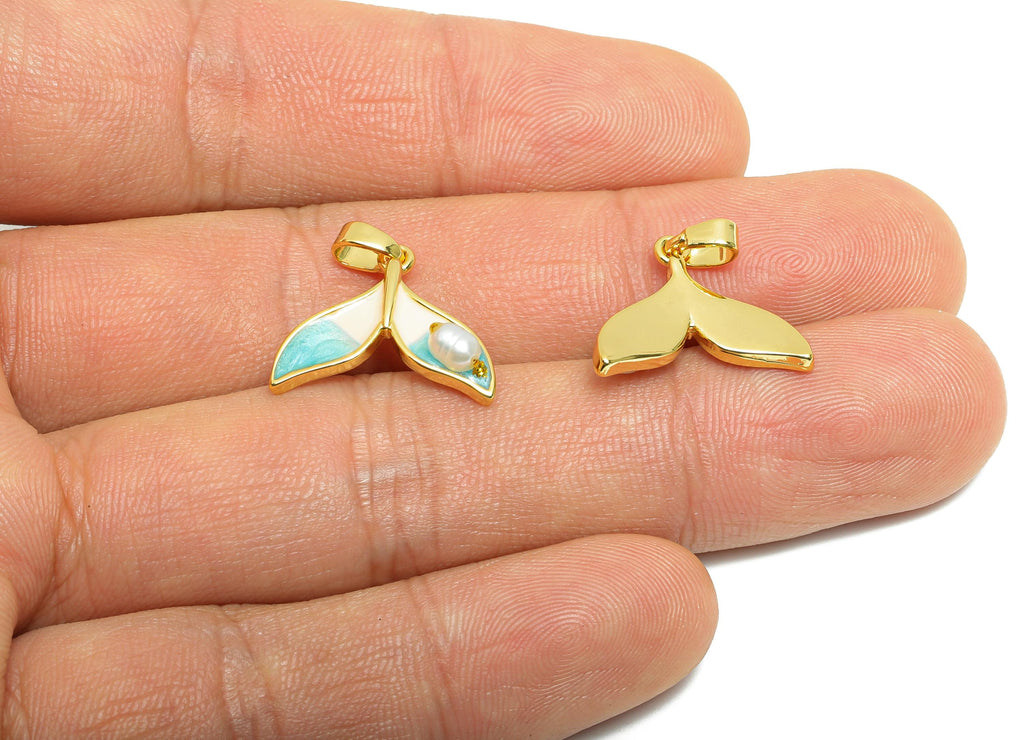 Brass Whale Tail Pendant - Brass Enamel Colorful Pendant - Gold Ocean Theme With Pearl - 18K Real Gold Plated - 16x13x2mm - RGP10650 - DOMEDBAZAAR