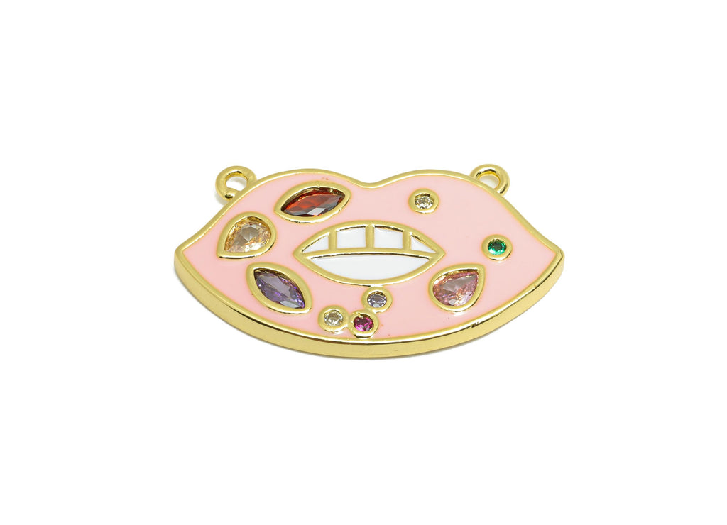 Brass Enamel Lip Pendant - Dainty Cubic Zircon Lips Charm - Luxury Charm With 2 Loops - 18K Real Gold Plated - 29.45x16.88x2.37mm - RGP10545 - DOMEDBAZAAR